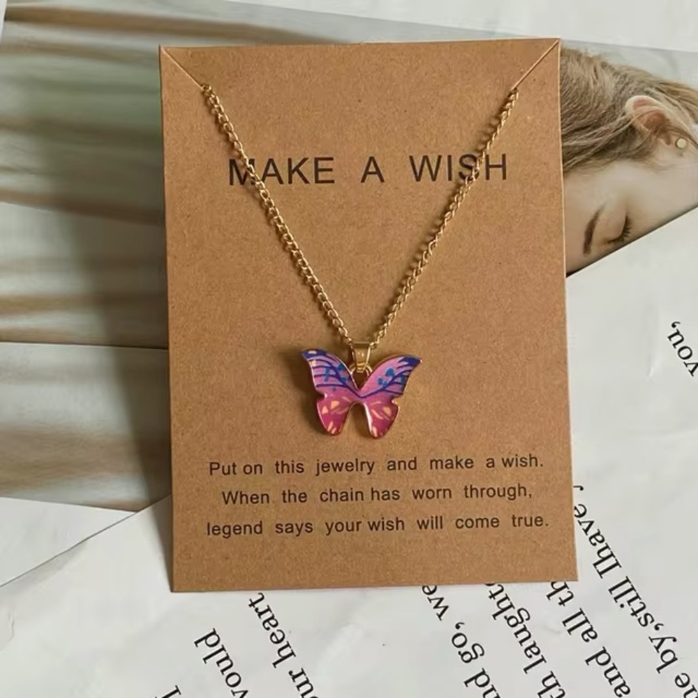 Purple Blue Pink Yellow Butterfly Make A Wish Pendant Charm Necklace